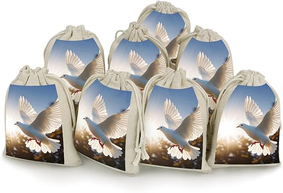 DWVTSLH 8 Pcs Cotton Linen Drawstring Bags for Christmas Wedding Gift Bags White Dove Flying in The Sun Cloth Jewelry Pouches DIY Craft Sachet Sacks Reusable Storage Bag for Party Home Supplies
