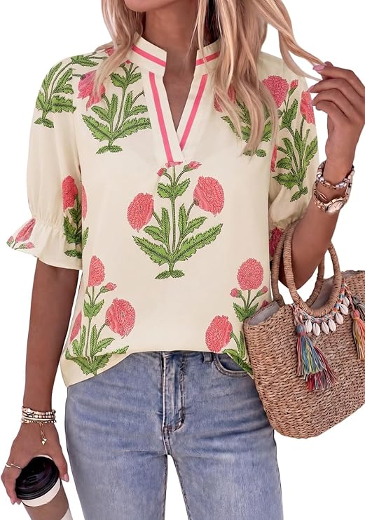 Cicy Bell Womens Summer Floral Blouses Puff Ruffle Sleeve V Neck Boho Shirts Dressy Casual Flowy Blouse Tops