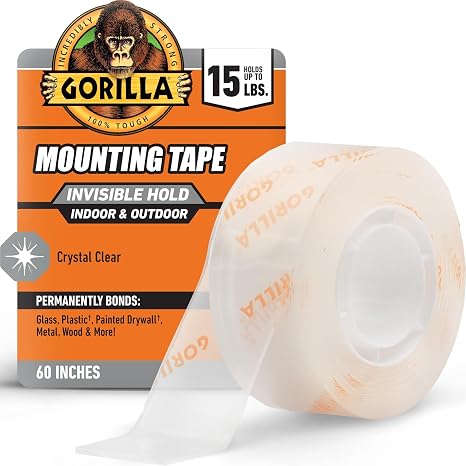 Gorilla Invisible Hold Mounting Tape, Holds Up to 15 lbs, Clear, 1" x 60" | Clear Double-Sided Tape for Strong, Permanent Bond, Discreet Adhesive for Classroom and Study Space Setup