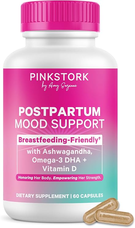 Pink Stork Postpartum Mood Support, 30-Day Supply | Postnatal Supplement for Women, Breastfeeding Friendly, Ashwagandha, Saffron, DHA, Methylated B12, Stress & Cognitive Support