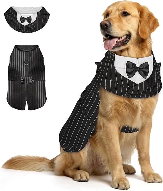 Supet Dog Tuxedo and Bandana Set with Bow Tie, Formal Outfit for Wedding Birthday Party Graduation Valentines, Pet Suit Clothes for Large Medium Small Dogs (Striped, XL)