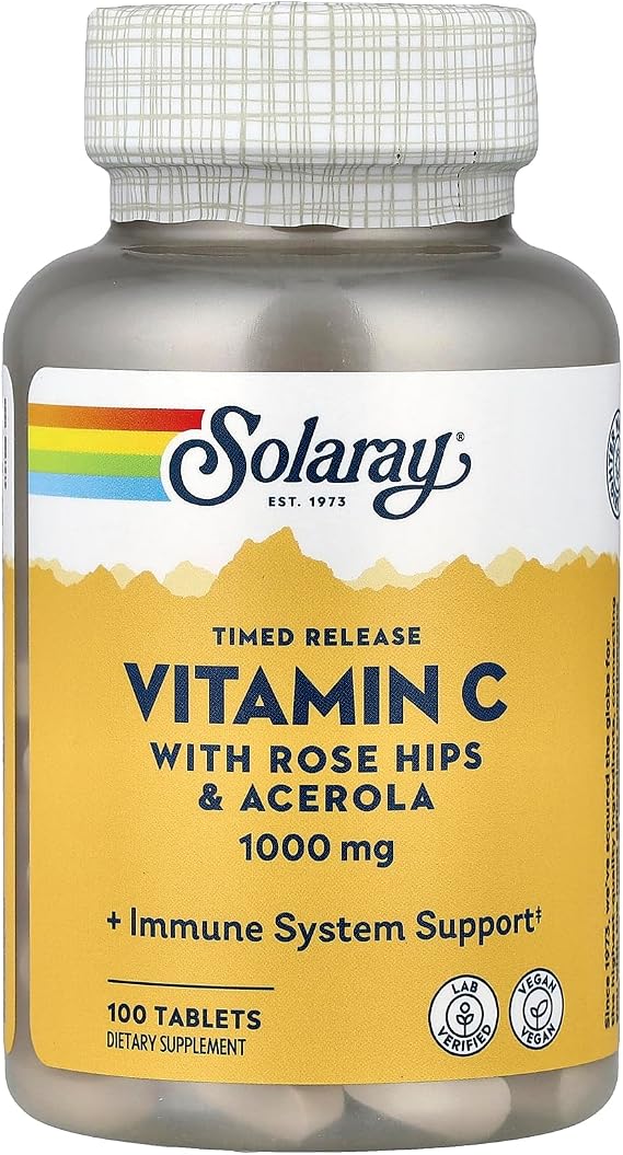 SOLARAY Vitamin C 1000mg Timed Release Tablets with Rose Hips & Acerola Bioflavonoids, Two-Stage for High Absorption & All Day Immune Function Support, (100 Servings, 100 Tablets)