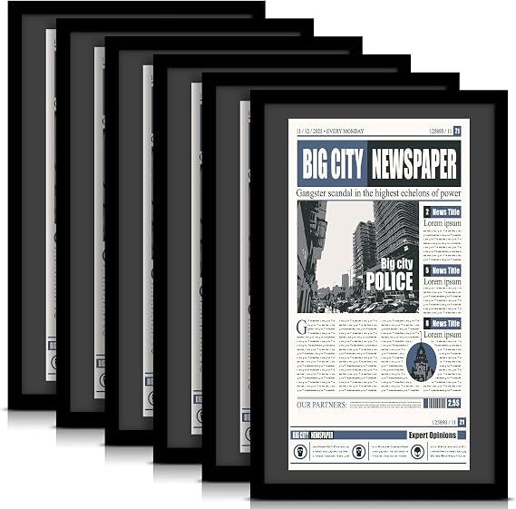 DoubleFill 6 Pcs 14x24 Newspaper Frame, Fits 11x22 Article Mat, Black Mat