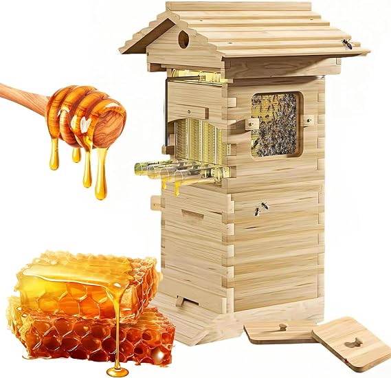 Bee Hive Starter Kit, Flow Beehive Kit with Observation Window and Honey Spout, Self-flowing Wooden Boxb, Includes Carpenter House for Garden Pollinators