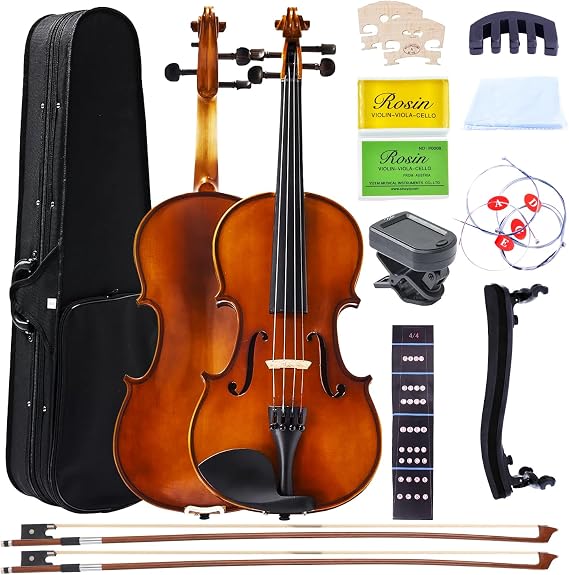 3/4 Acoustic Violin for Beginners, Full Size Solidwood Fiddle Set for Kids and Adults with Hard Case, 2 Bows, Extra Strings, Shoulder Rest, Rosin, Clip-on Tuner, Fingerboard Stickers, and Mute.