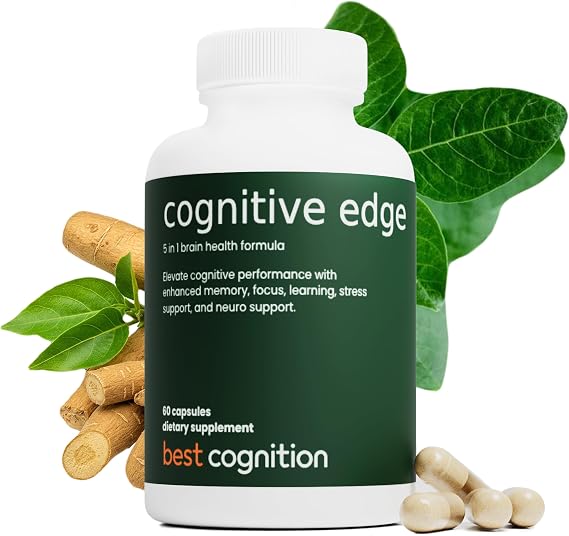 Cognitive Edge Brain Health Supplement | Focus & Memory Support for Coffee Drinkers | L-Theanine, Bacopa Monnieri, Organic Ashwagandha, Rhodiola, PQQ (60 Capsules)