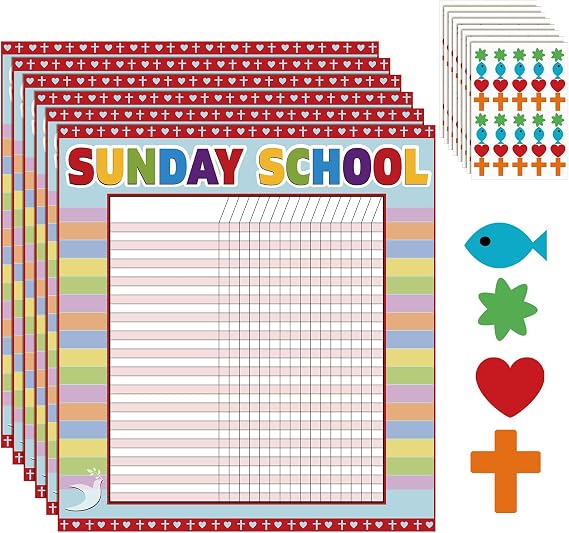 Yeaqee12 Pcs Sunday School Attendance Charts with Sticker, Red