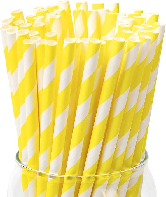 PakTalk 100 Pack Yellow Paper Straws, Disposable Biodegradable Drinking Straws for Cocktails, Lemonade, Daily Use and Holiday Party (0.24" x 7.75", 4-Layer Food Grade, Eco-Friendly)