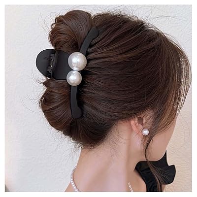 Pearl Claw Clips - Black Hair Bows - Pearl Bead Hair Clamps - Strong Hold Jaw Clip - Large Non Slip - Hair Clips for Thick & Long Hair - Fashion Hair Accessories - Jewelry for Women & Girls