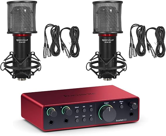 Audiosavings Bundle: Focusrite Scarlett 2i2 4th Gen Studio Recording USB Audio Interface+Software Bundle with (2) Rockville RCM SR Studio/Recording Condenser Microphone (3 Items)