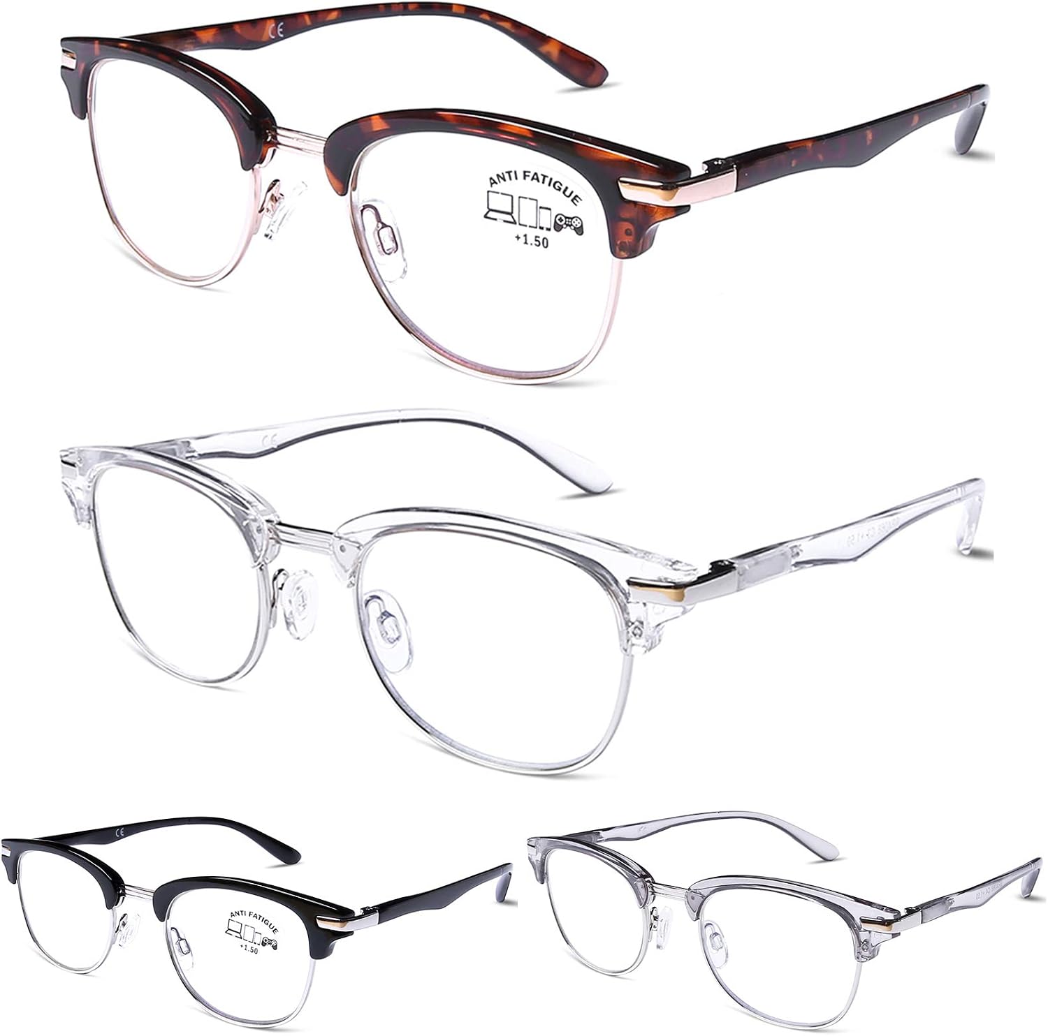 DOOViC 4 Pack Blue Light Blocking Reading Glasses Fashion &amp; Classic Style Spring Hinge Computer Readers for Women Men 0.00 Strength
