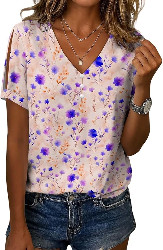 Boho Cold Shoulder Tops for Women Comfy Vintage Ethnic Style Loose Fit Casual Sexy Elegant Summer V Neck Short Sleeve