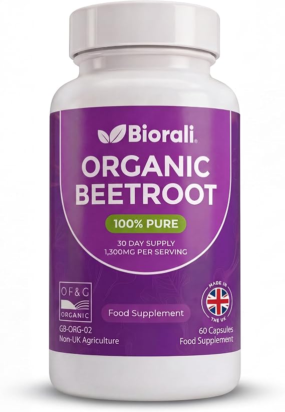 Organic Beetroot Capsules 1300mg – 100% Pure Beetroot Powder – Natural Nitric Oxide Booster – Certified Organic by of&G – 60 Vegan Capsules (30 Day Supply) – GMP Manufactured in UK