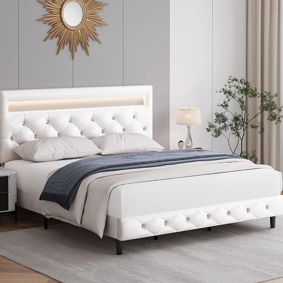 Keyluv Modern Upholstered Full Size Bed Frame with LED Lights, Faux Leather Low Profile Platform Bed Frame, Adjustable Crystal Button Tufted Headboard, Strong Wood Slat Support, Easy Assembly, White