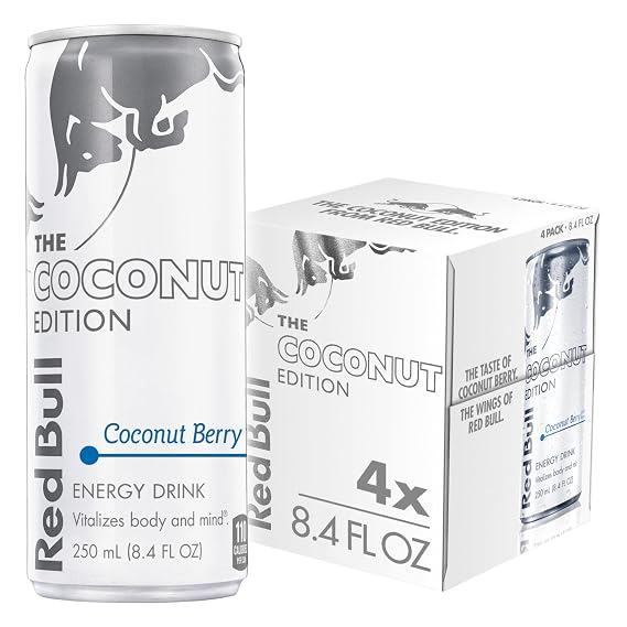 Red Bull Energy Drink, Coconut Berry, Coconut Edition | contains caffeine, taurine, B-vitamins, sugar, and water, 8.4 fl oz, pack of 4 cans