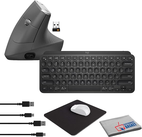 Logitech MX Keys Mini Wireless Keyboard (Black) Bundle with Logitech MX Vertical Advanced Ergonomic Mouse (Graphite) + Belkin Mouse Pad (Black) + Microfiber Cleaning Cloth | Includes Microfiber Cloth + Mouse Pad