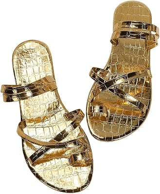 GORGLITTER Womens Gold Toe Ring Strappy Flat Sandals Dressy Metallic Open Toe Flip Flops Beach Slide Sandals 2025