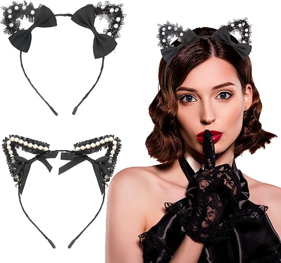 CURASA Black Cat Ears Headband for Women 2pcs Lace Cat Ears Headbands Bow Cat Ears Adult Pearl Hairband Animal Ears Head Band Cat Party Favor Costume for Birthday Halloween Cosplay Themed Party