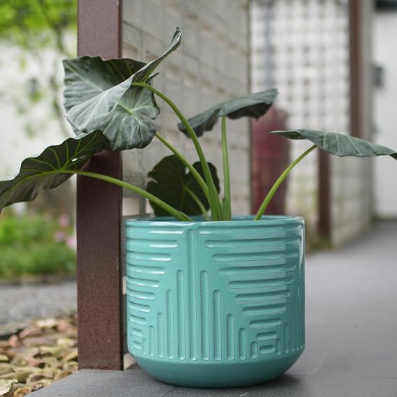 Large Ceramic Planter XL Round Planter with 100% Frost-Proof and Handmade 41 cm Diameter Flower Pot Large Outdoor Retro Flower Pot Glazed with Drainage Hole for Garden Patio Living Room Green
