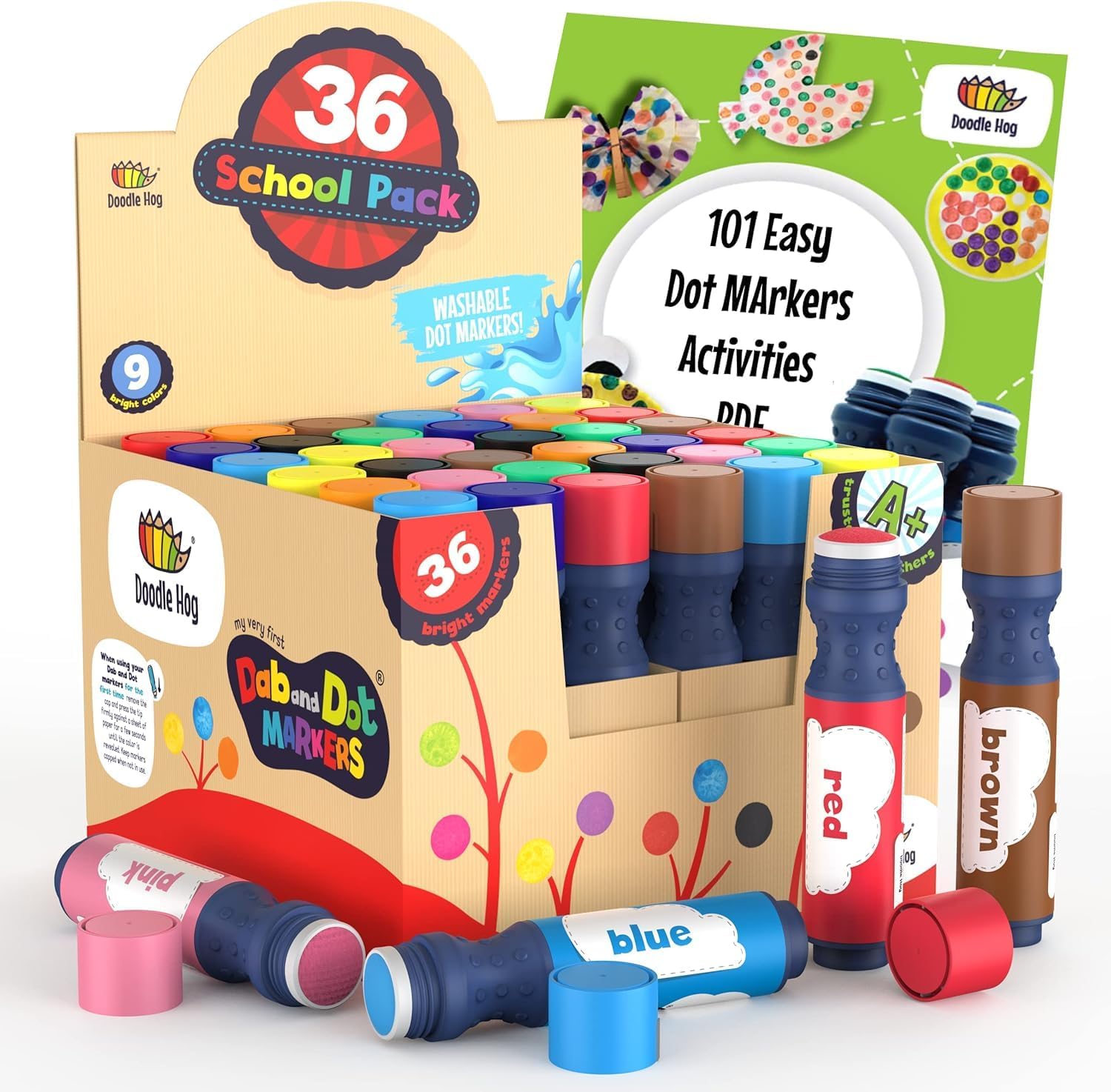 DOODLE HOG Washable Dot Markers for Toddlers 1-3 Years, 36 Colors Bingo Markers, Paint Markers for Kids Preschool, Non Toxic Arts and Crafts Supplies
