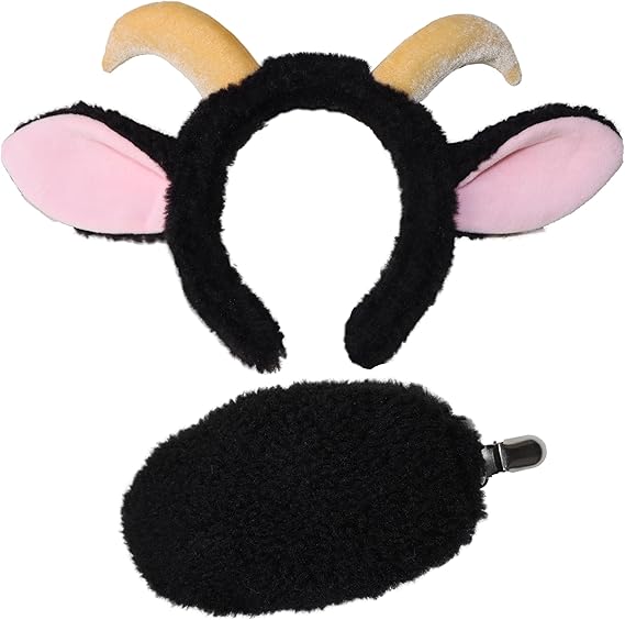 Goat Ears Headband with Ram Horns and Tail, Furry Goat Costume Accessory.