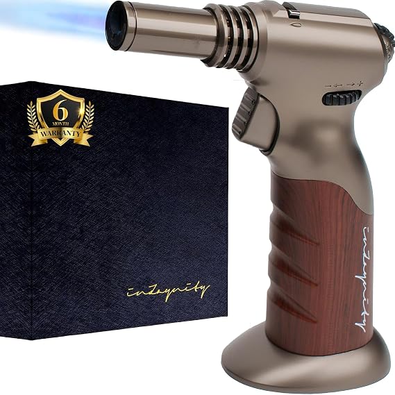 Dual Flame Butane Torch - Refillable Handheld Blow Torch for Cooking, Soldering, Resin Art w/Adjustable Flame & Ignition Lock - Kitchen Blow Torch & Luxurious Gift Box by inZaynity - Brown Steel
