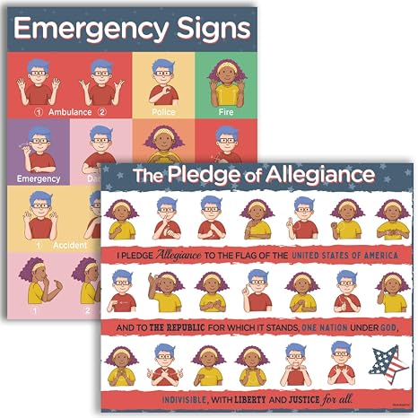 Hubble Bubble Kids Sign Language Posters, 2 Pack - ASL Poster Set for Classroom, 16x20 Inches, Wall Art, Made in USA