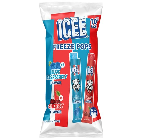 ICEE Freeze Pops, Blue Raspberry & Cherry Flavor Variety Classic Frozen Slushie Treats Freeze-at-Home Icy Snacks for Kids & Adults, 1.69 Fl Oz, 10 Individually Wrapped Pops