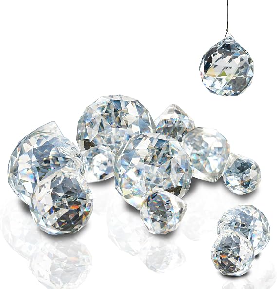 Crystal Prism Set 13Pk Clear Ball Hanging Ornaments 0.8" 1.2" 1.6" K9