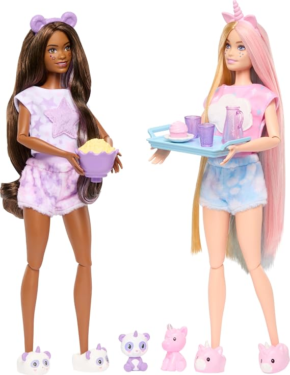 Barbie Cutie Reveal Gift Set with 2 Dolls & 2 Pets, Cozy Cute Tees Slumber Party with 35+ Surprises, Color Change & Costume Sleeping Bags