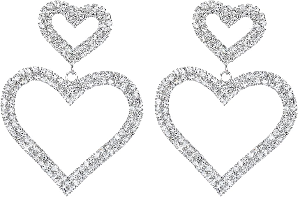 Rave Envy Heart Earrings for Women Trendy - Silver Heart Dangle Earrings with Diamond Like Look - Fashionable Statement Earrings for Womens - Perfect Heart Jewelry as Valentines, Birthday