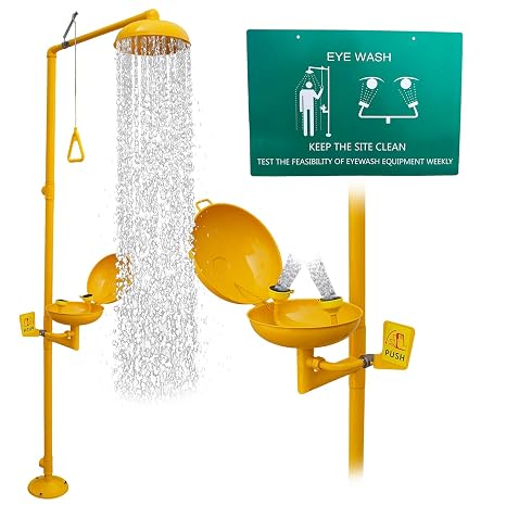 Emergency Shower Eye Wash Station Safty Shower Combination Eye Wash Station with Shower, NPT Thread, 304 Stainless Steel+Yellow Coating with Emergency Sign First Aid Eyewash Station (Yellow)