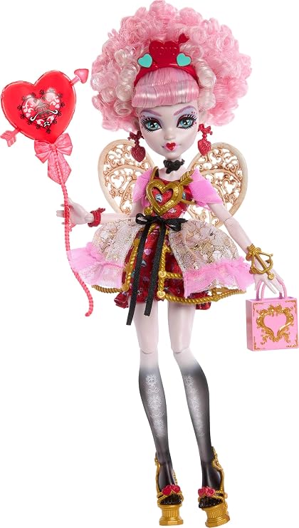 Monster High Scary Sweet Birthday Doll with Pink and Red Cupid Asteria Party Dress, Invitations, Balloons, Gifts and More Themed Accessories | Pink and red doll party dress Includes party themed accessories such as invitations, balloons and gifts