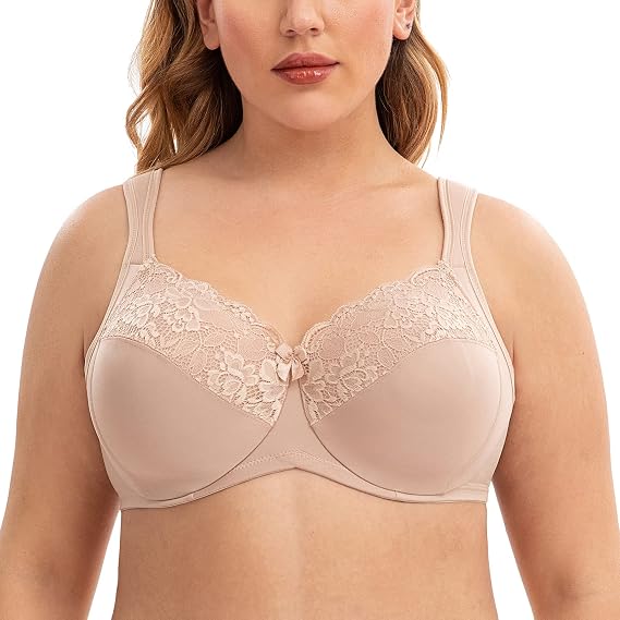 Women's Minimizer Cushion Strap Plus Size Full Coverage Lace Unlined Bra Beige 34H