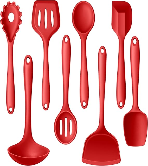 LIANYU 8Pcs Kitchen Cooking Utensils Set, Red Silicone Spatula Utensils