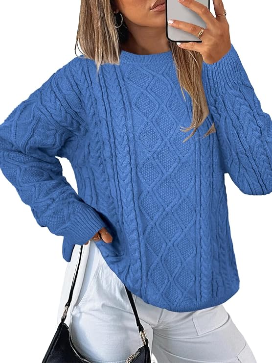 Womens Chunky Knit Sweaters 2025 Fall Winter Crew Neck Pullover Long Sleeve Warm Tops
