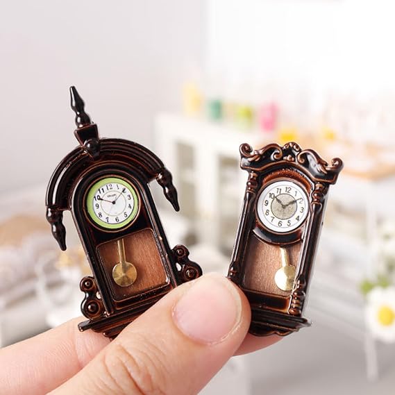 2PCS Vintage Wall Clock Doll House Furniture, Miniature Dollhouse Accessories on 1:12 Scale, Grandfather Wall Clock