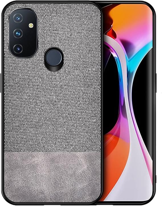Microcase OnePlus Nord N10 Fabrik Serisi Kumaş ve Deri Desen Kılıf - Gri