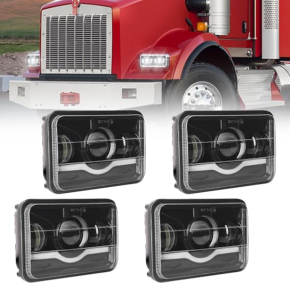 4x6 Inch LED Headlights Rectangular Replacement H4651 H4652 H4656 H4666 H6545 Compatible with Peterbilt Kenworth Freightinger Ford Probe Oldsmobile Cutlass-4 PCS