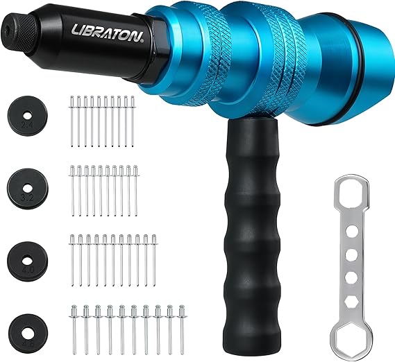 LIBRATON Rivet Gun Adapter for Electric Drill, Rivet Drill Attachment | for Cordless Electric Power Drill, with Handle, Easy processing for Pop Rivets, 2.4mm 3.2mm 4.0mm 4.8mm