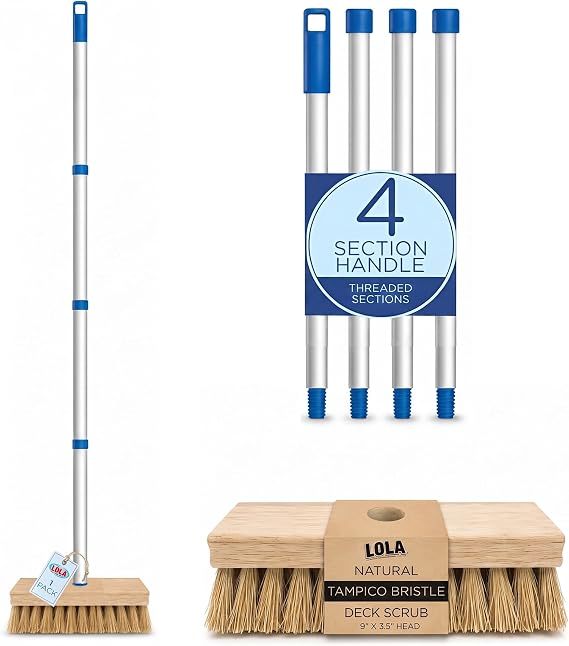 LOLA Deck Scrub Brush, 9" x 3.5" Head w/Tampico Bristles for Outdoor Cleaning, Removes Dirt & Grime from Patios, Decks, Grout, 1 Count