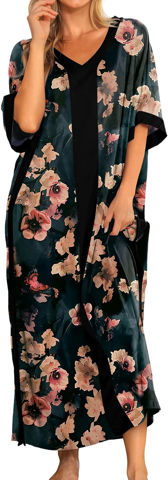 Bloggerlove Caftan Nightgown for Women Cotton House Dress with Pockets
