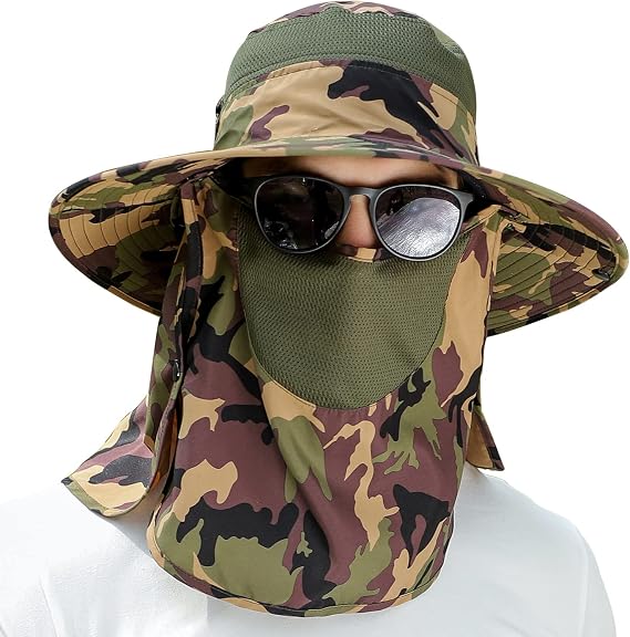 UPF 50+ Sun Fishing Hat for Men Women Wide Brim Hat with Detachable Face Cover & Neck Flap