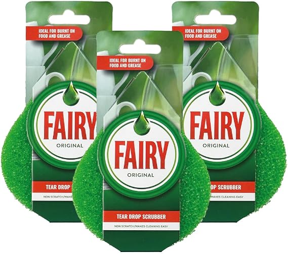 Fairy TearDrop Scrubber Washing Up Non-Scratch Sponge, Green, Bulk 3 pack