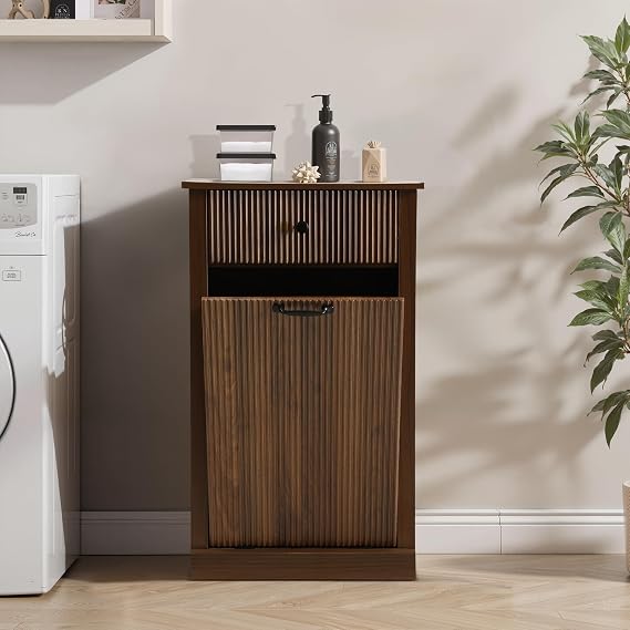 Wood Laundry Basket Cabinet, Hidden Trash Can Cabinet with Drawer, Versatile Storage Hamper Cabinets, Vertical Corrugated Laundry Hamper for Bathroom, Living Room, Kitchen (brown)