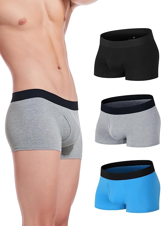 Men's Cotton Underwear Short Leg Underwear Pack Soft Waistband Open-fly No-ride-up Trunk Underpants 3 Pack