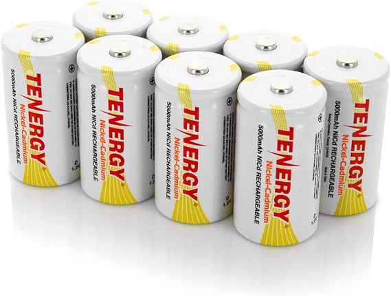 Tenergy D Size 5000mAh NiCd Button Top Rechargeable Batteries, 8 Pack