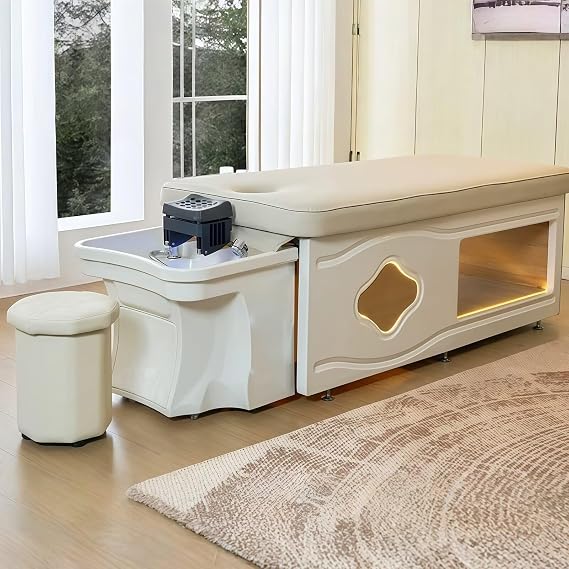 Head SPA Bed - Shampoo Bed with Professional Shampoo Function for Treatments, Cream & White Color with Elegant Design and Lighting, Head SPA Equipment Includes Water Cycle,Fumigation(Beige)