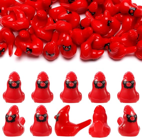 100 PCS Mini Red Cardinal Bird Figurines Tiny Little Resin Cardinal Miniature Small Animals Christmas Ornaments for Cake Topper Micro Garden Xmas Home