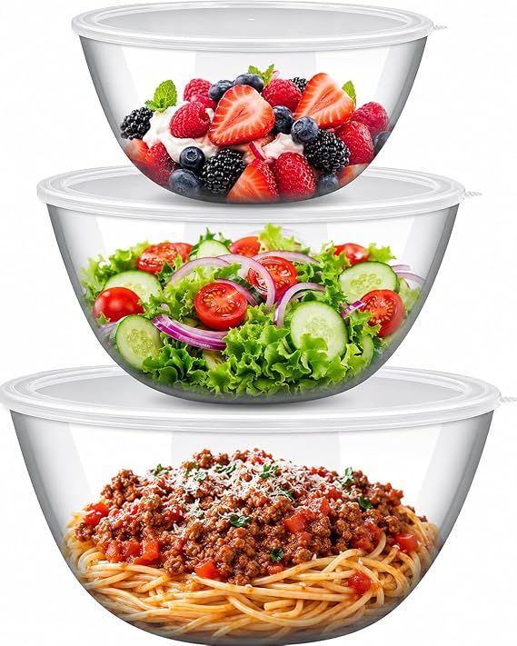 3 Pack Large Glass Mixing Bowls with Lids, Stackable Nesting Bowl Set